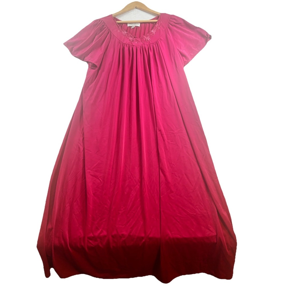 Miss Elaine Classics Flutter Sleeve Embroidered Nylon Nightgown 2X Pink